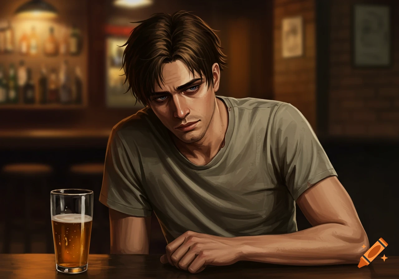 A melancholic man with brown hair sits at a wooden bar counter with a glass of beer, rendered in a digital art style.