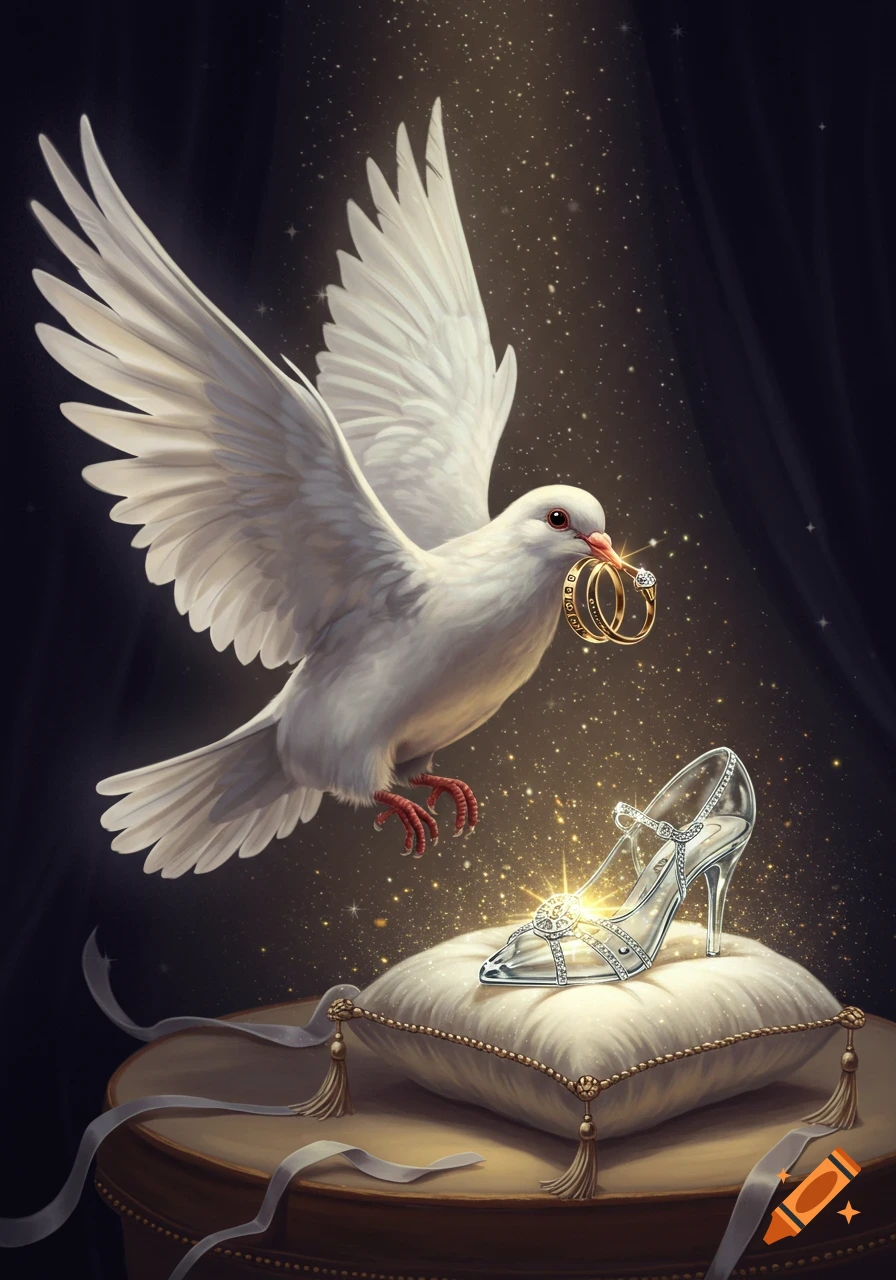 A white dove flies, carrying two golden rings in its beak, above a sparkling glass slipper resting on a white pillow.