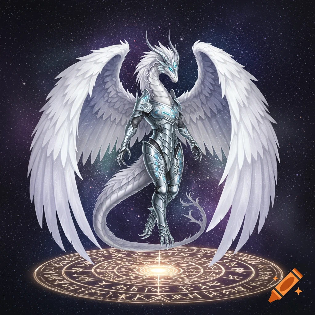 Elegant white celestial dragon in silver armor with large white wings and glowing blue eyes, standing on a glowing runic circle against a starry cosmic background.
