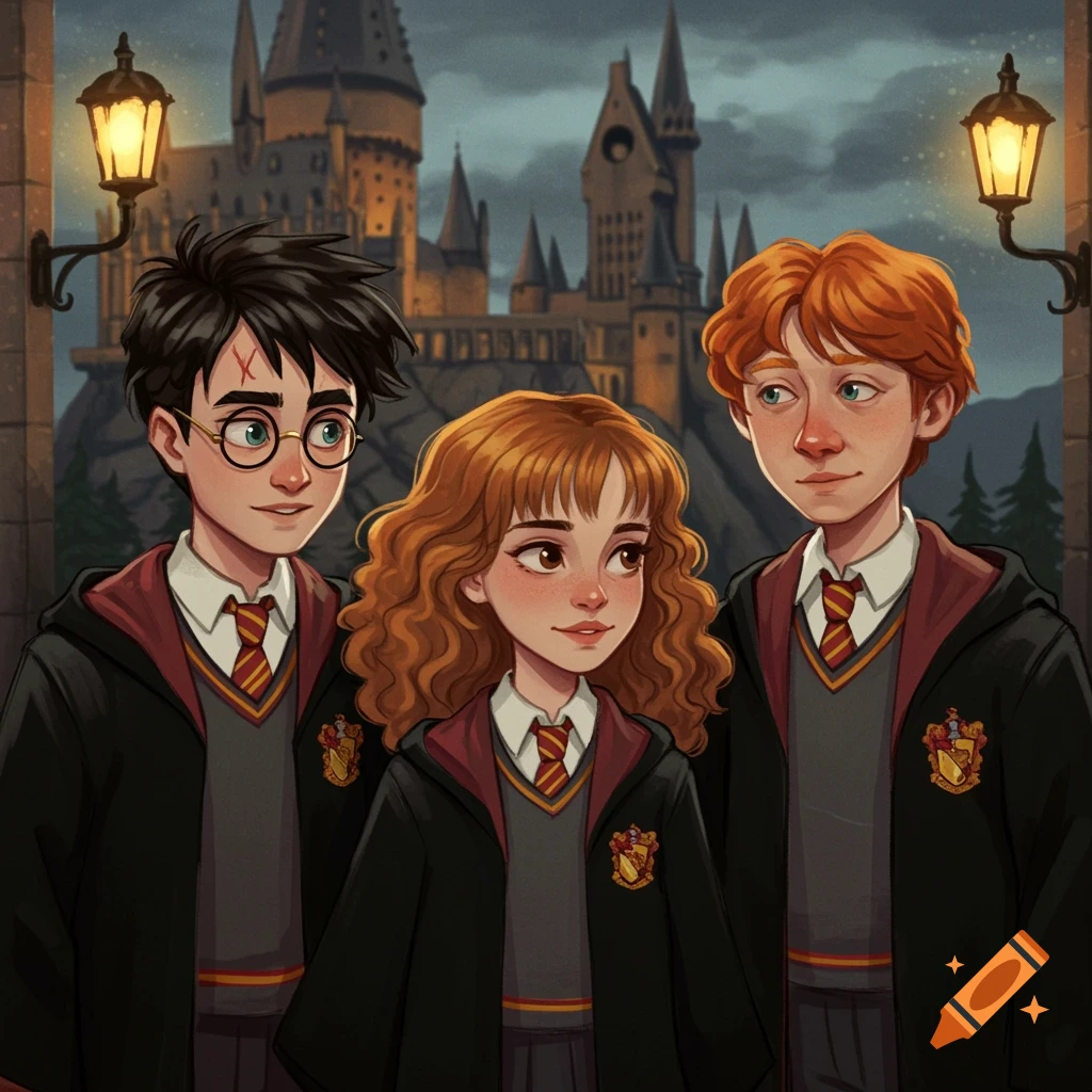 Illustration of Harry Potter, Ron Weasley, and Hermione Granger standing outside Hogwarts Castle at night.