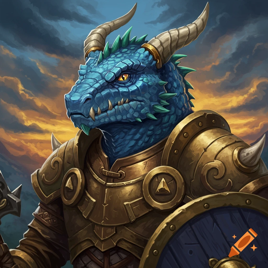 Portrait of a blue lizardman warrior in golden armor with a shield and weapon against a dramatic sunset sky, in a fantasy art style.