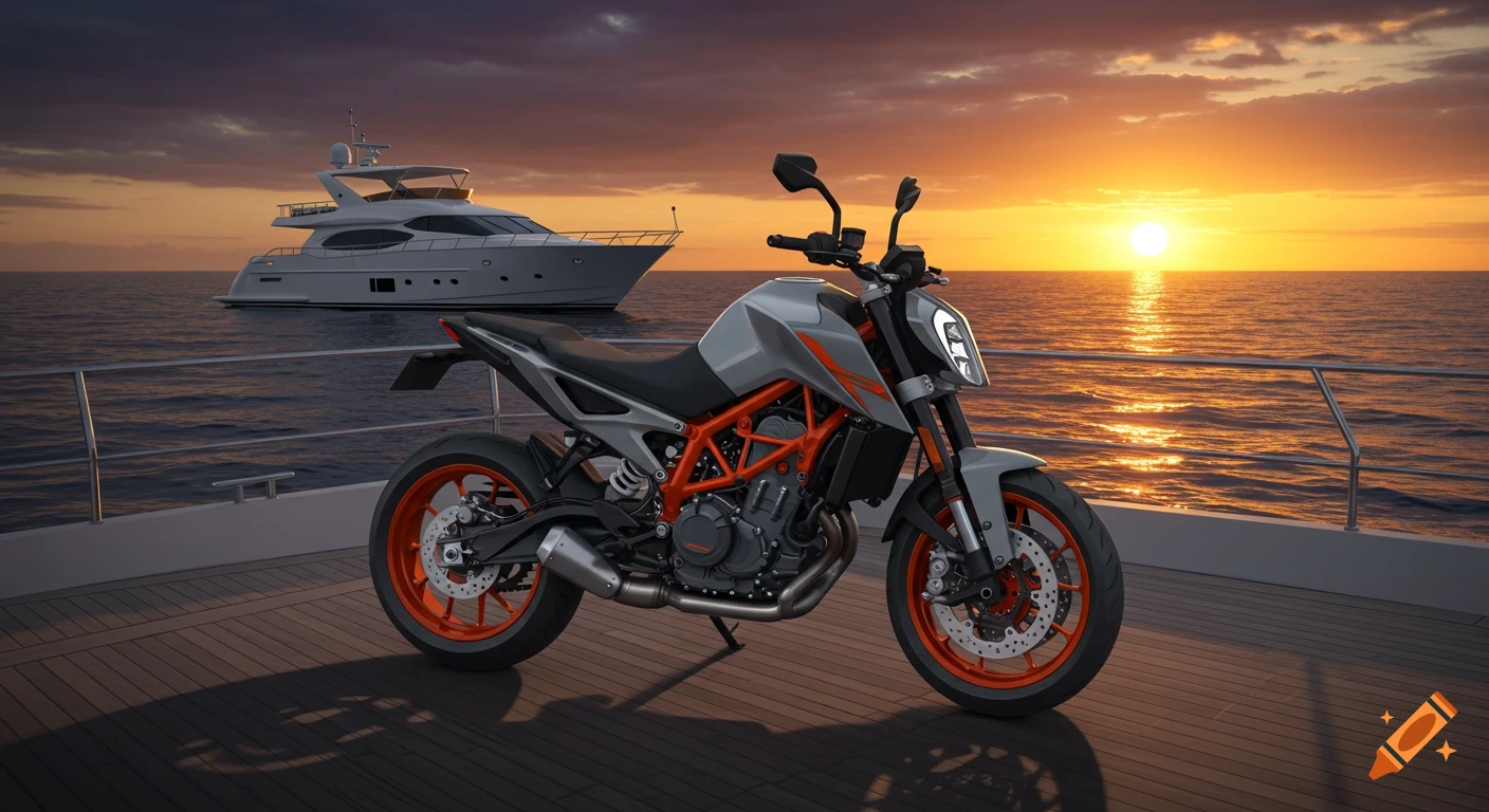 A grey motorcycle with orange wheels parked on the wooden deck of a yacht, with a large white yacht and a golden sunset over the ocean in the background.