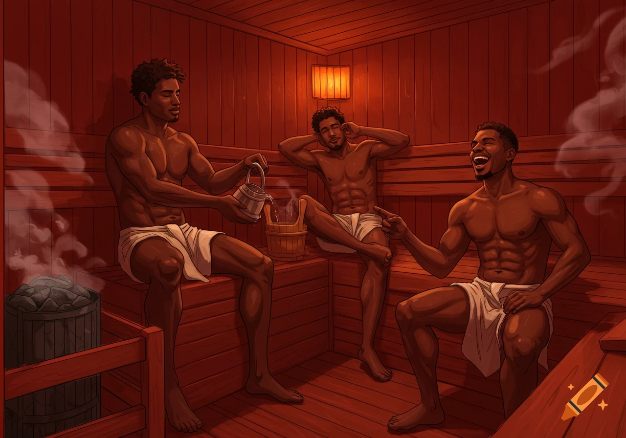 Three muscled Afrolatino men in towels relaxing and bonding in a red wooden sauna, digital art style.