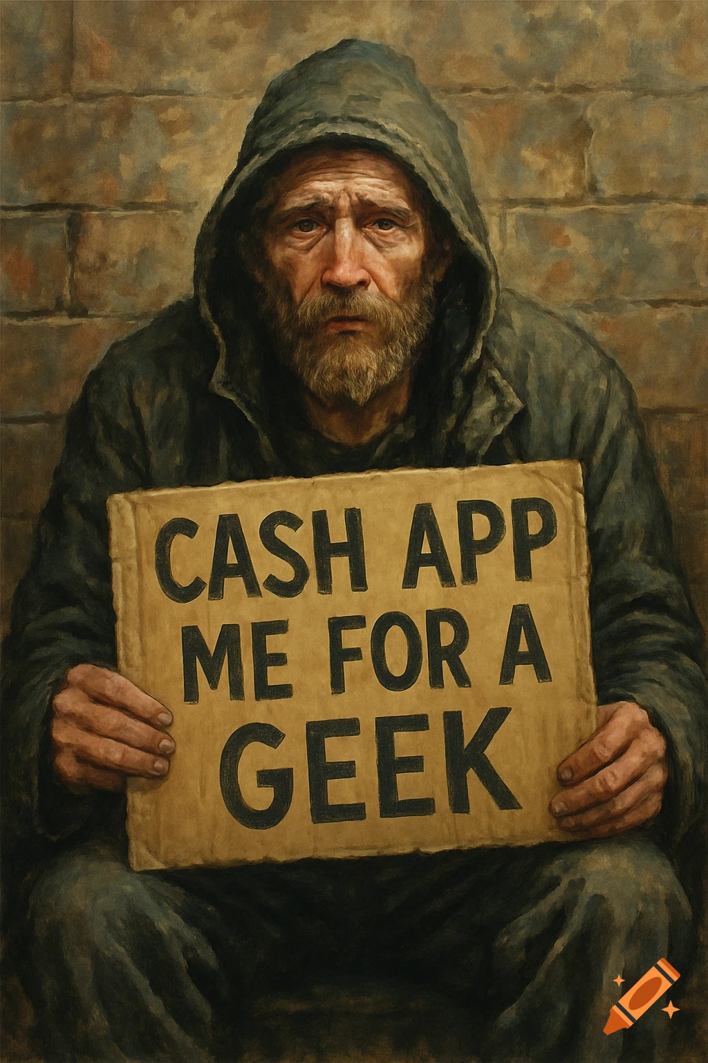 A weathered, bearded man in a hooded coat holds a cardboard sign saying 'CASH APP ME FOR A GEEK' in a gritty painterly style.