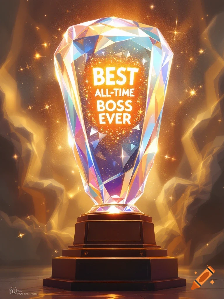A glowing crystal trophy with 'BEST ALL-TIME BOSS EVER' inscribed, set against a shimmering gold background.
