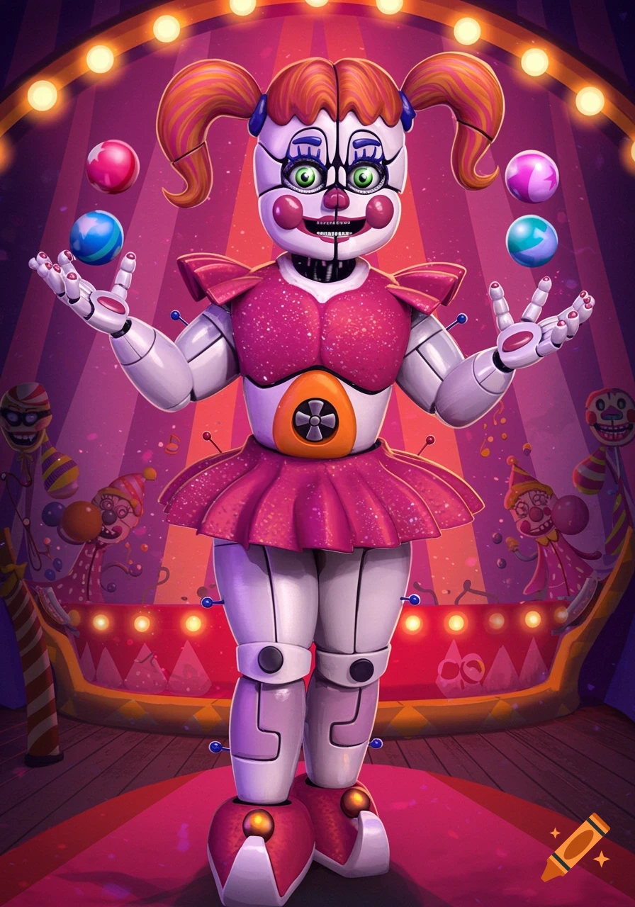 Circus Baby, a pink and white animatronic robot, juggles colorful balls on a circus stage under string lights.