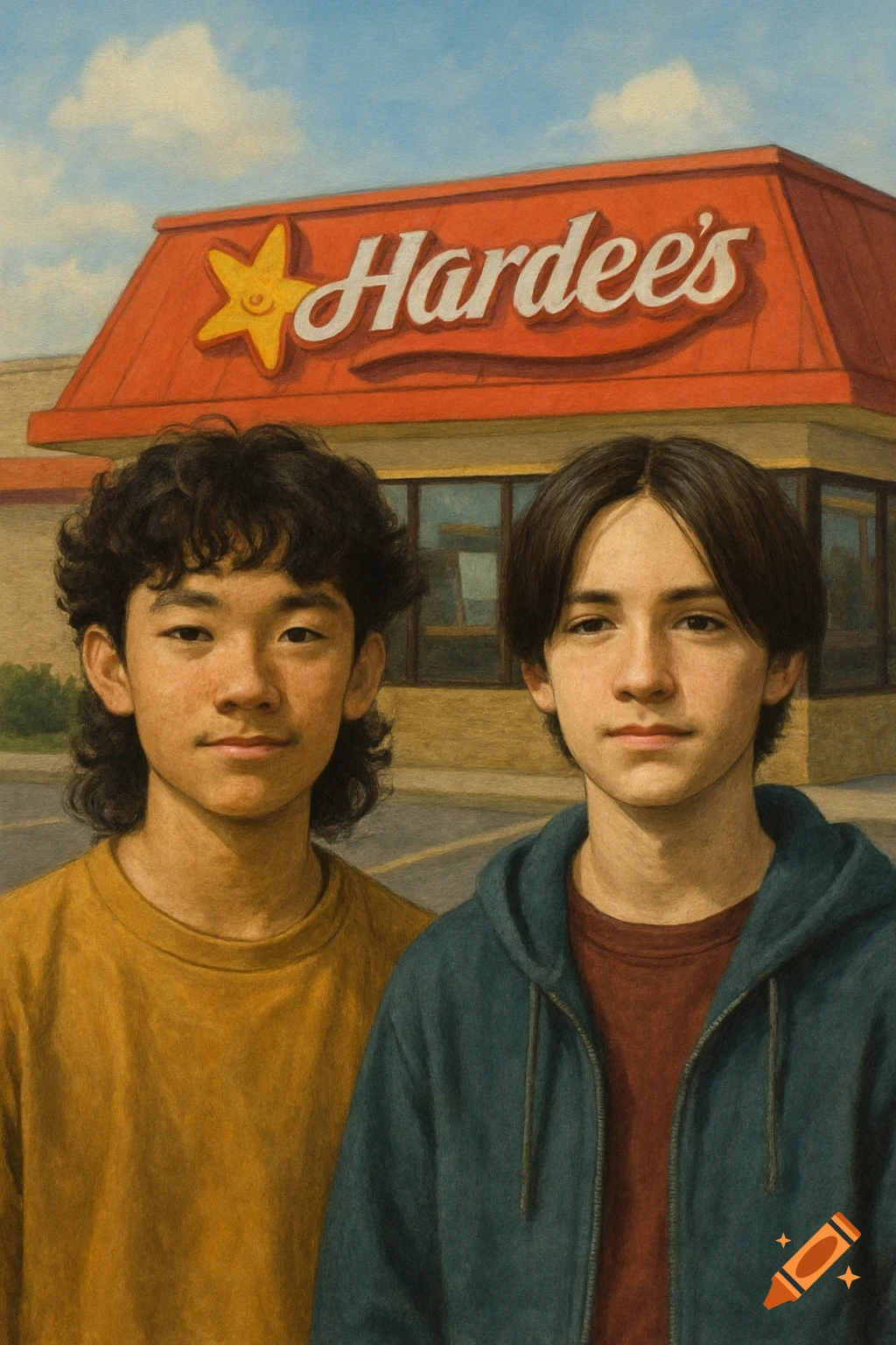 Two teenagers stand in front of a Hardee's restaurant, one with curly hair and a mullet, the other with a middle part.