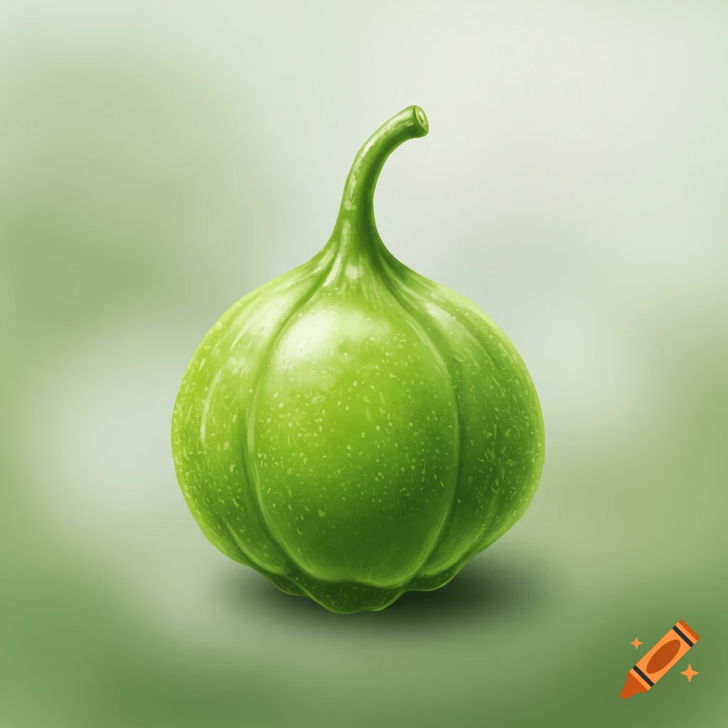 A realistic green fruit with a curved stem and segmented body on a gradient green background.
