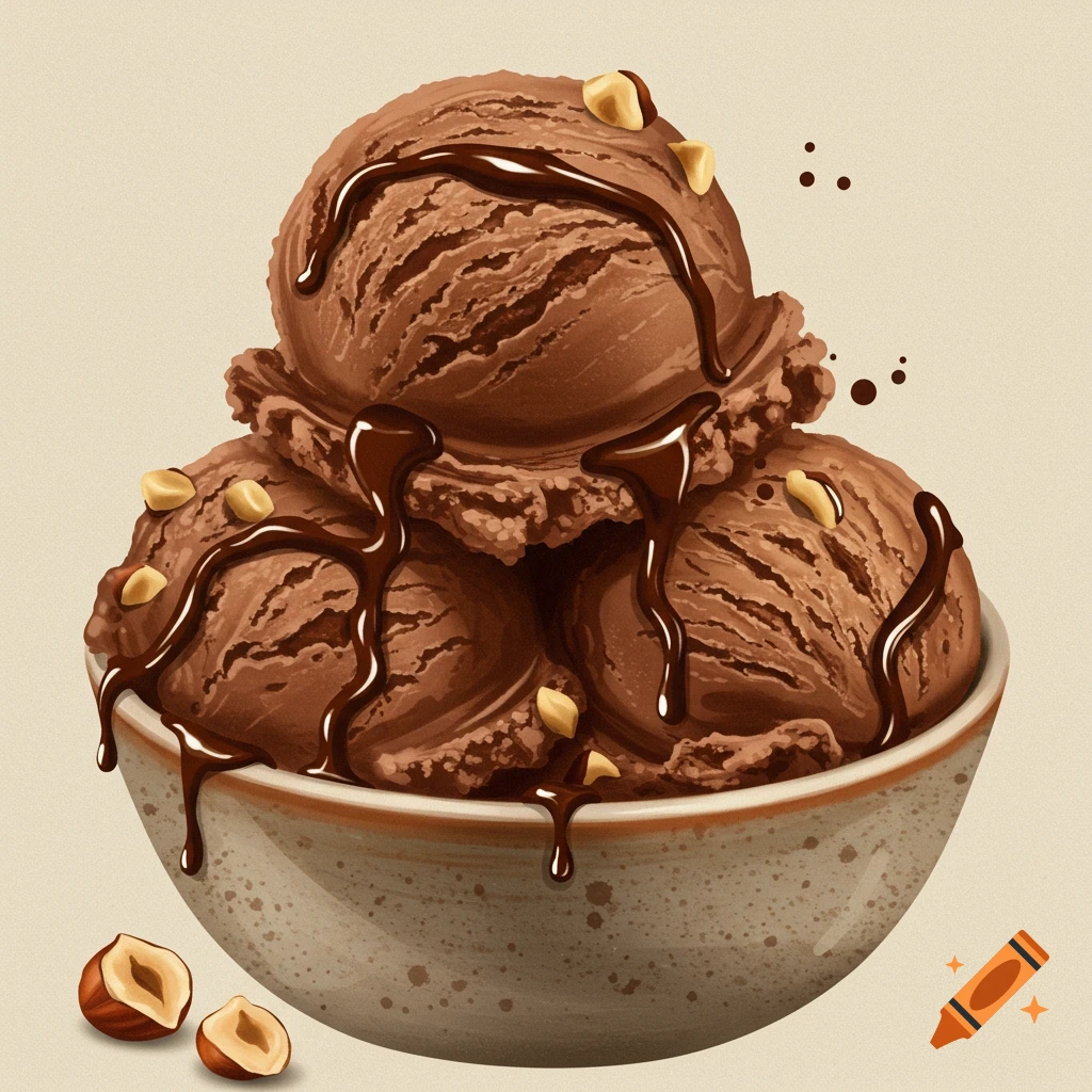 A bowl of rich chocolate hazelnut gelato topped with chocolate syrup and chopped hazelnuts. Two hazelnut halves are beside the bowl.
