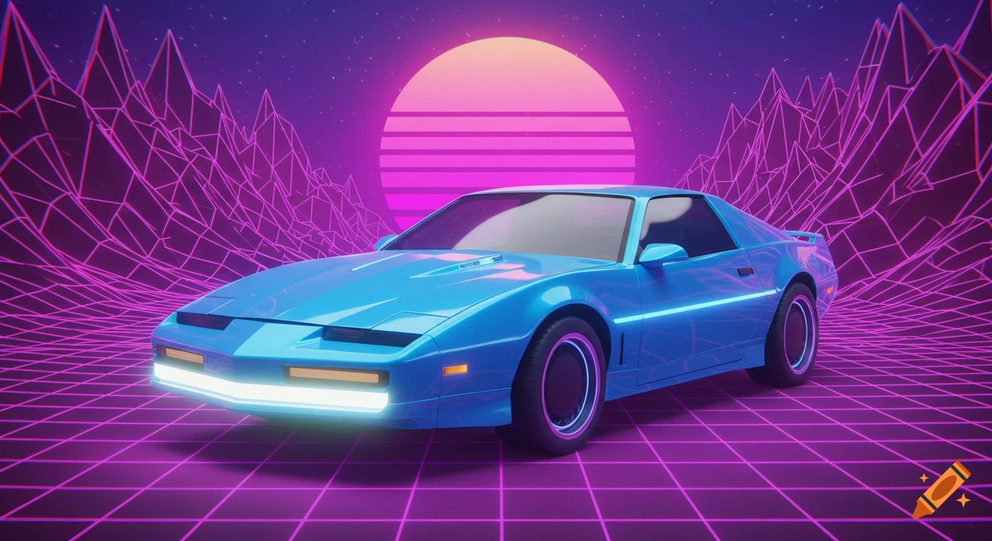 A bright blue Pontiac Firebird in a synthwave landscape with a large pink sun and glowing grid mountains.