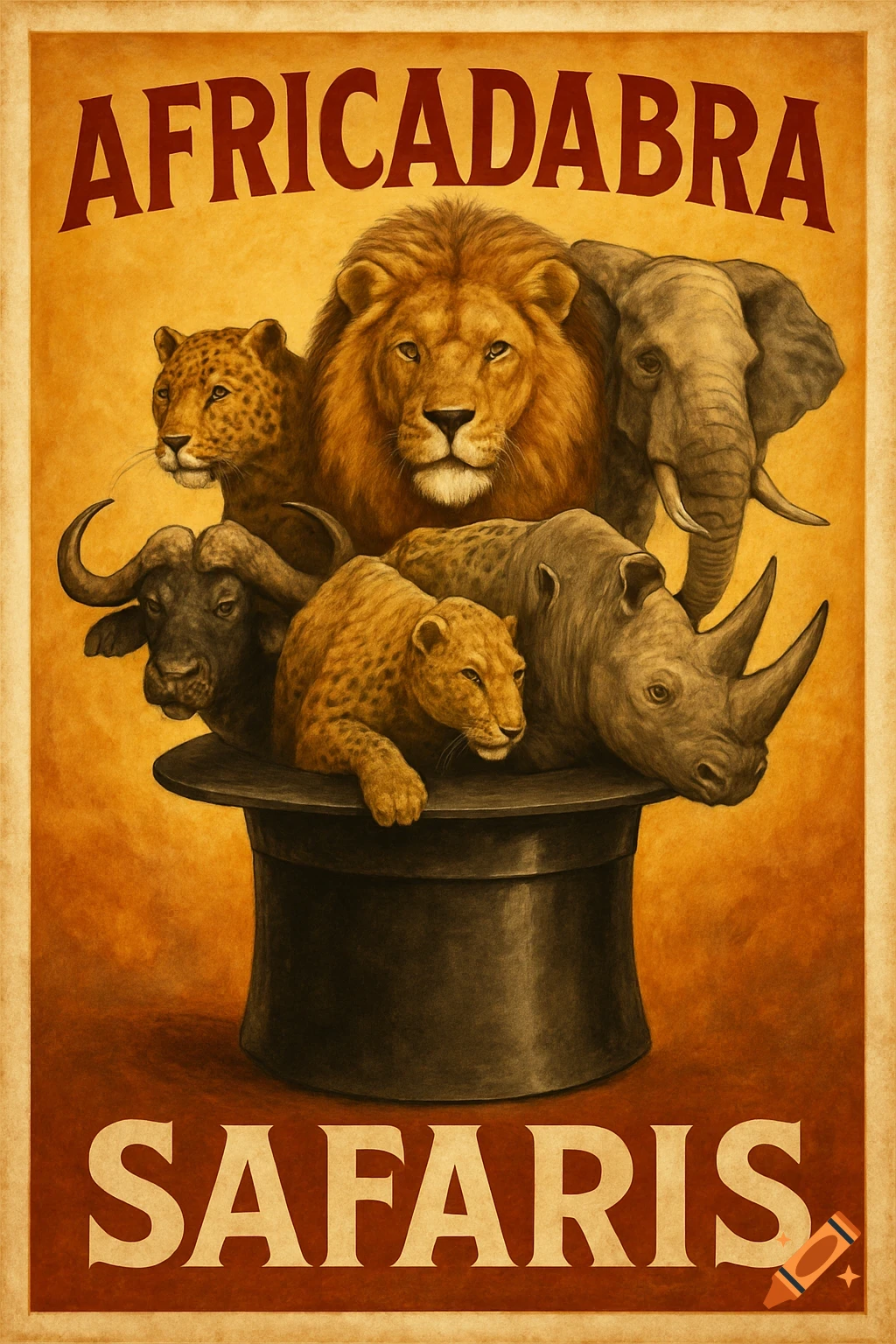 A vintage-style poster showing safari animals (lion, elephant, leopard, rhino, buffalo, cub) emerging from a top hat, with 'AFRICADABRA SAFARIS' text.