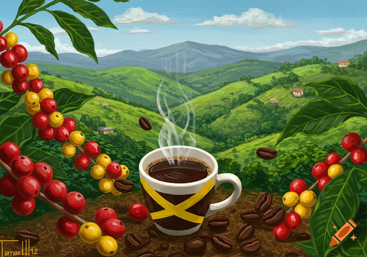 Vibrant painting of a steaming coffee cup with Jamaican flag design, surrounded by coffee beans and plants with red and yellow berries, set against green mountains.