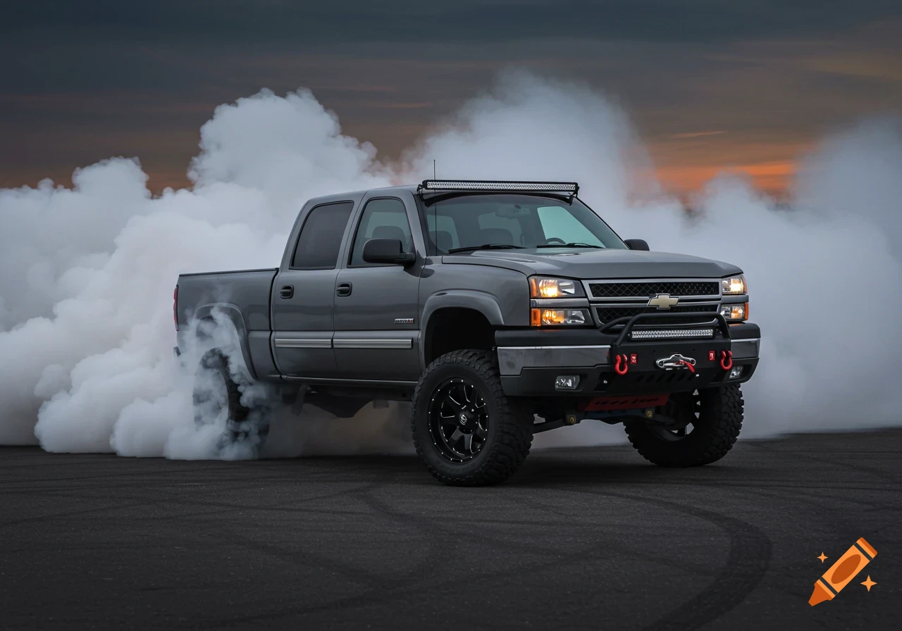 A grey lifted Chevy Silverado truck doing a burnout on asphalt, surrounded by white smoke under a cloudy sunset sky.