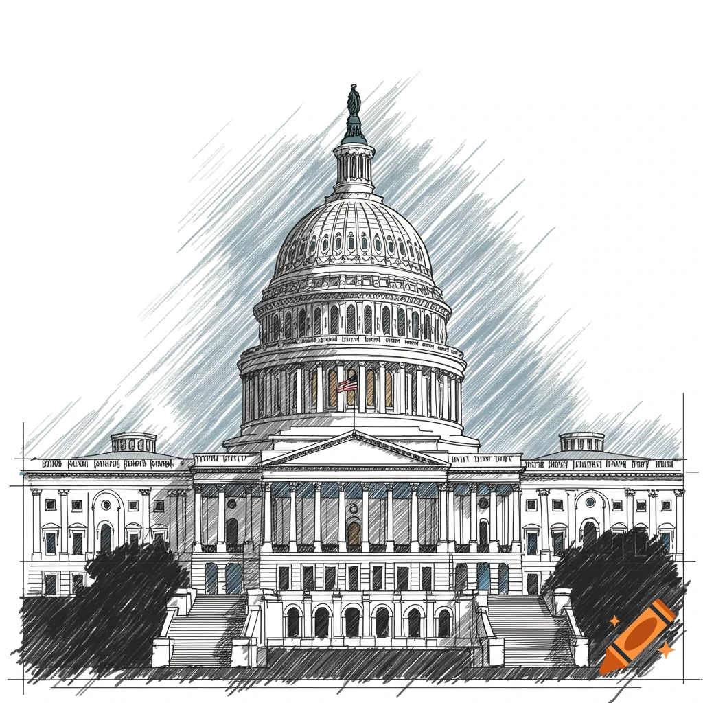 A line art sketch of the U.S. Capitol Building with blue and black shading.