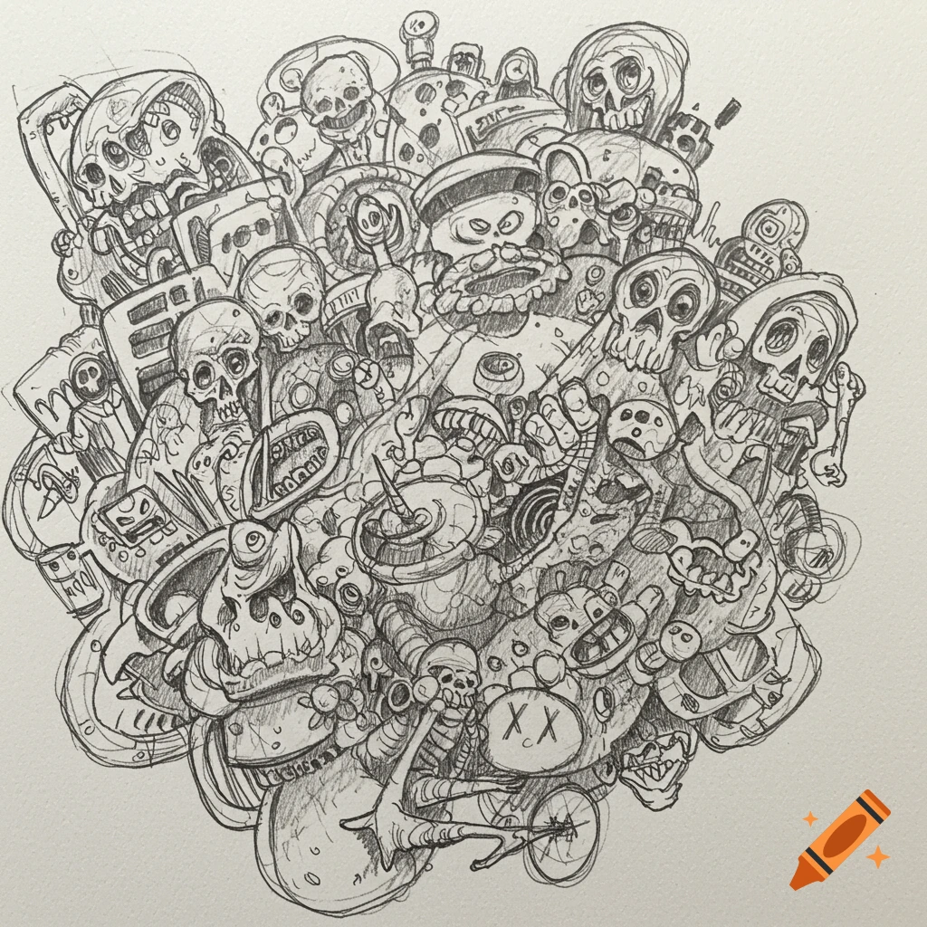 A busy, black and white pencil doodle filled with various stylized skulls, monstrous faces, and skeletal figures in a chaotic, overlapping composition.
