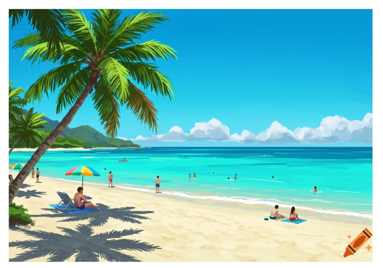 Vibrant tropical beach with clear turquoise water, palm trees, and people relaxing on the sand under a blue sky.