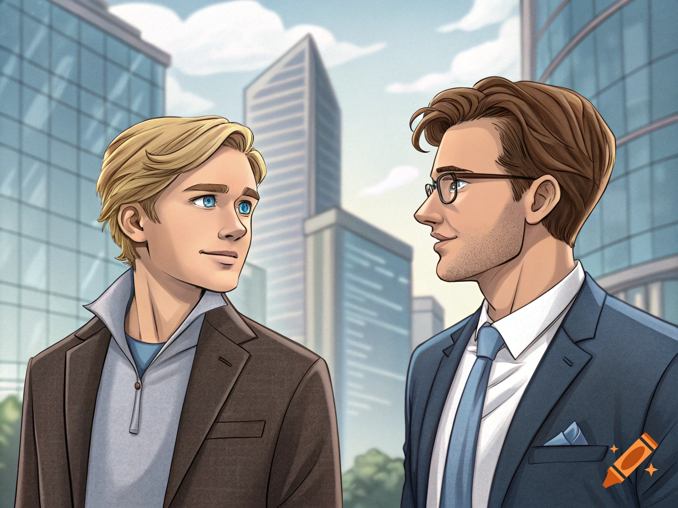 An illustration of two young men in business casual attire standing in a city, looking at each other.