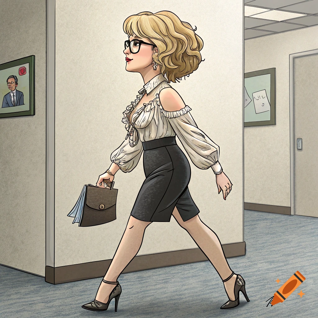 A cartoon caricature of a blonde woman with glasses walking through an office hallway, holding a briefcase.
