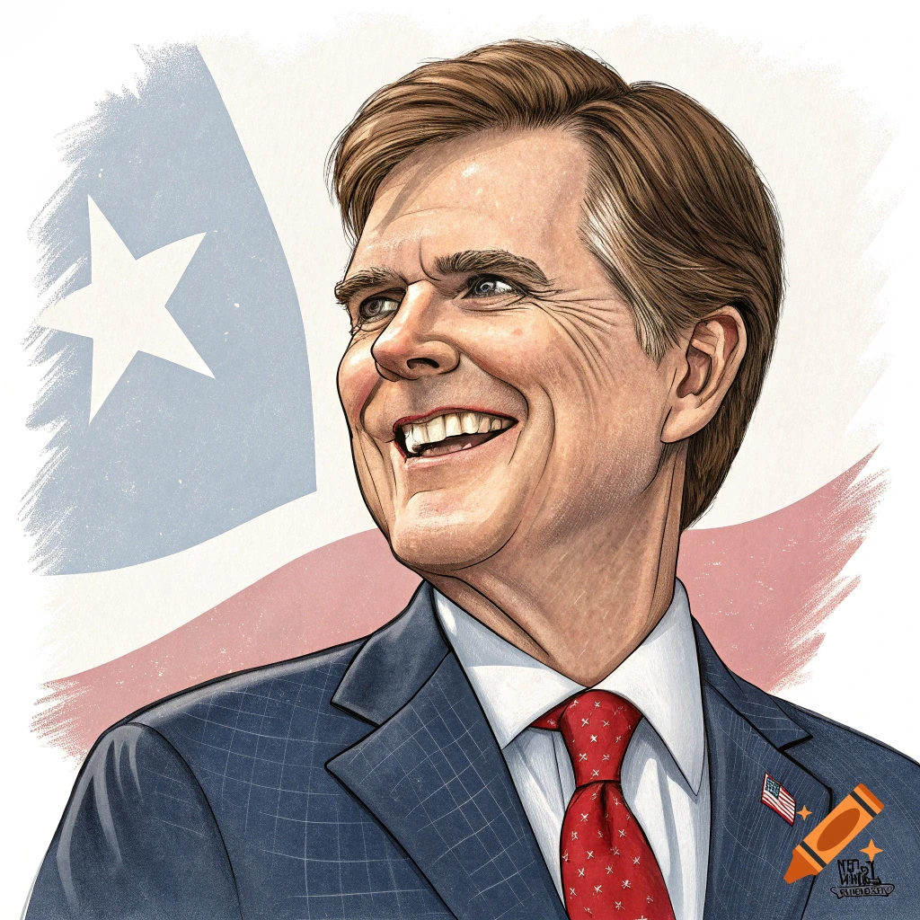 A smiling caricature of Texas Lieutenant Governor Dan Patrick in a suit and red tie, with a blurry Texas flag in the background.