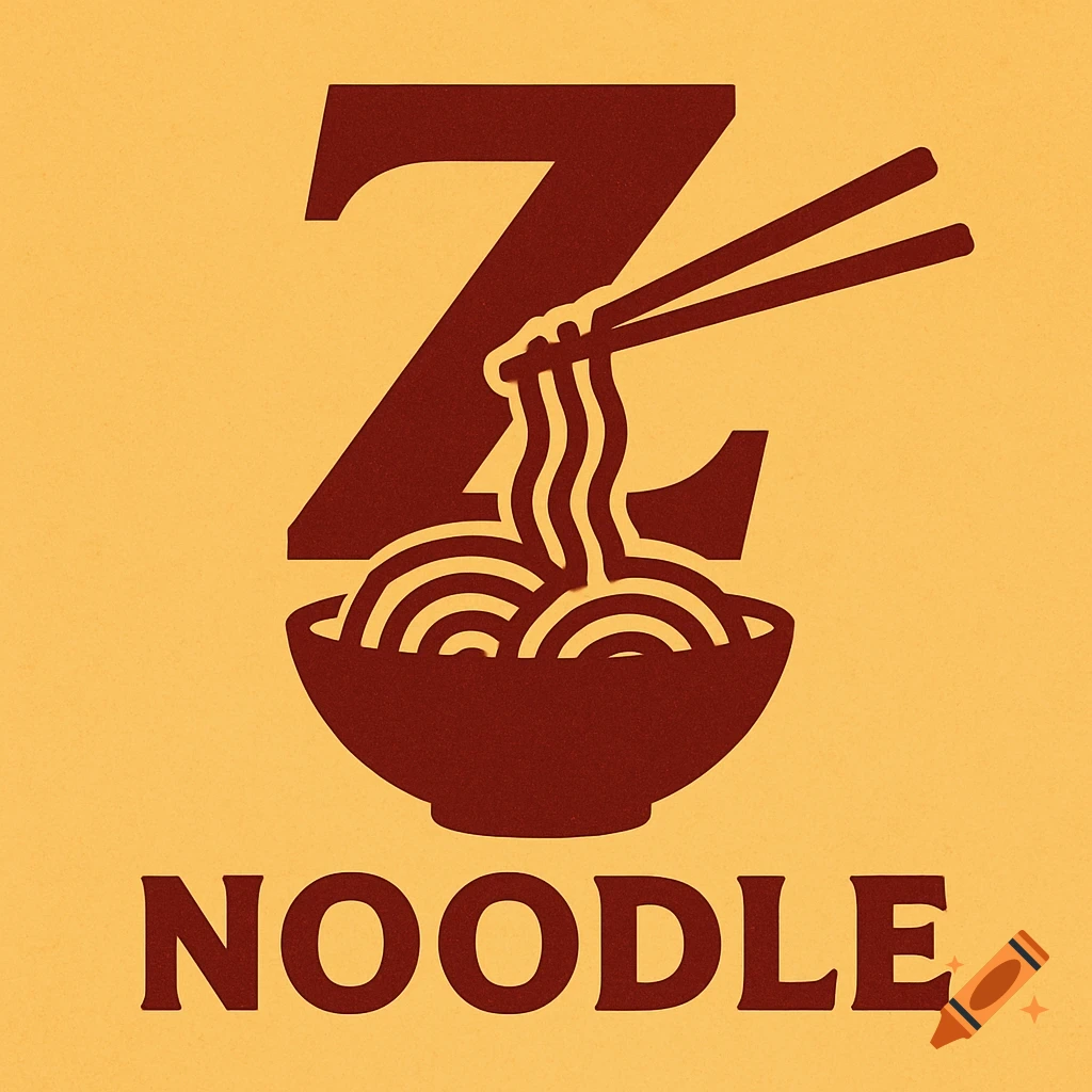A graphic logo for Z Noodle, depicting a stylized letter Z forming a noodle bowl with chopsticks. The word NOODLE appears below it on a yellow background.