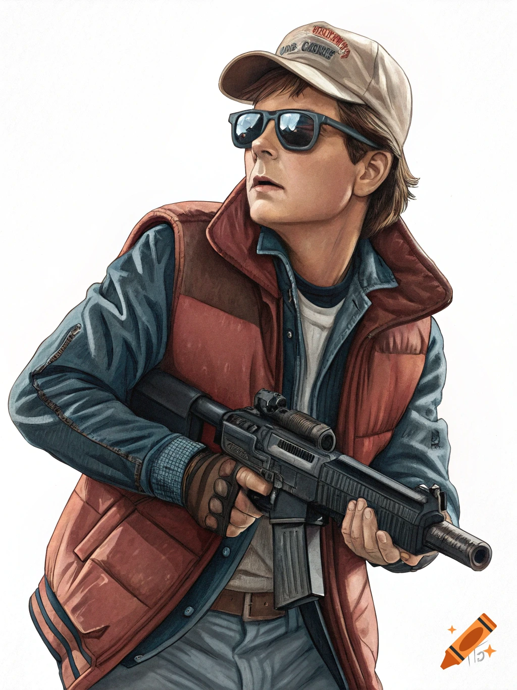 Illustration of Marty McFly in sunglasses and a baseball cap, holding a machine gun, against a white background.
