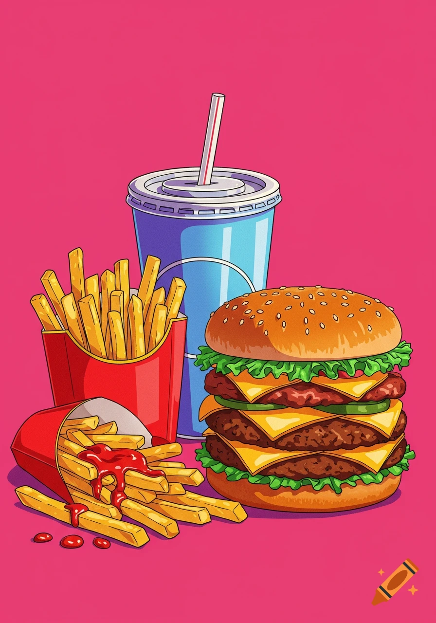 A colorful illustration of a fast food meal: a triple cheeseburger, two servings of fries (one with ketchup), and a blue soda cup, on a pink background.