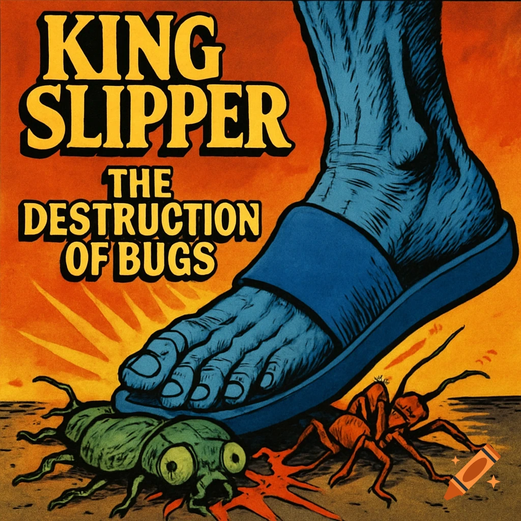 An album cover in a comic book style shows a giant blue foot in a slipper crushing green and orange bugs on an orange background with text 'KING SLIPPER THE DESTRUCTION OF BUGS'.