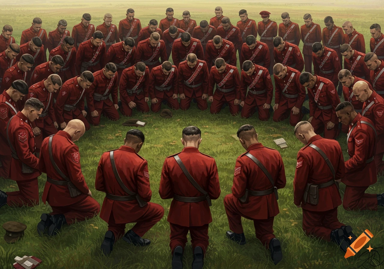 A large group of male soldiers in red uniforms kneel in a circle in a grassy field, heads bowed, as if in prayer or solemn observance.