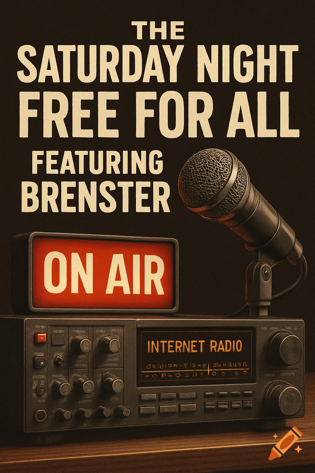 A poster for an internet radio show called "The Saturday Night Free For All Featuring Brenster" with a microphone and an "ON AIR" sign next to a radio receiver.