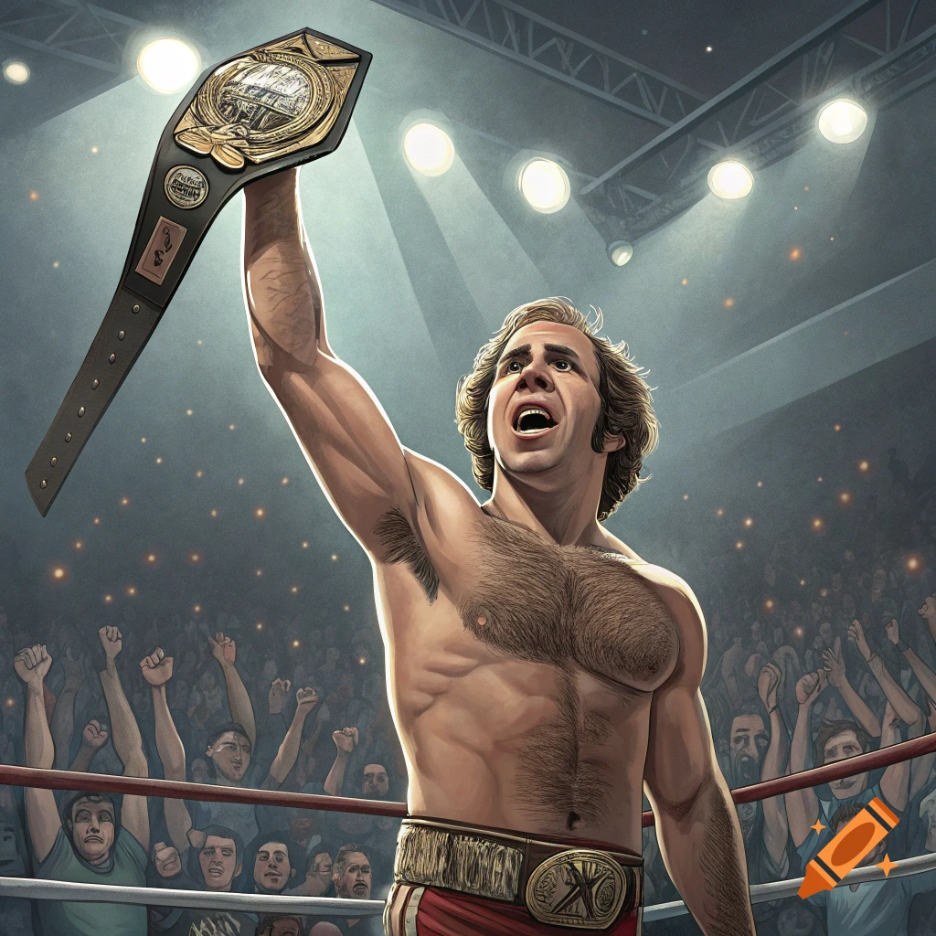 A muscular man, resembling Paul Simon, raises a championship wrestling belt triumphantly in a brightly lit wrestling arena with a cheering crowd.