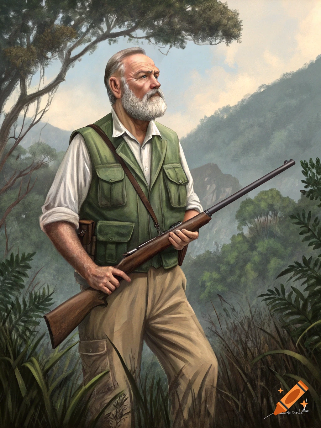 An illustration of a man resembling Ernest Hemingway, in a hunting vest, holding a rifle, standing in a jungle landscape.