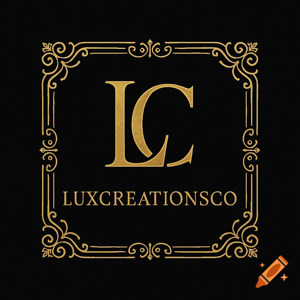 Gold monogram logo with LC and LuxCreationsCo text inside an ornate gold frame on a black background.