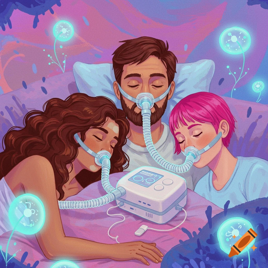 A colorful, dreamlike illustration shows a man and two women sleeping in bed, each wearing a CPAP mask connected to a single machine, with glowing orbs floating around them.
