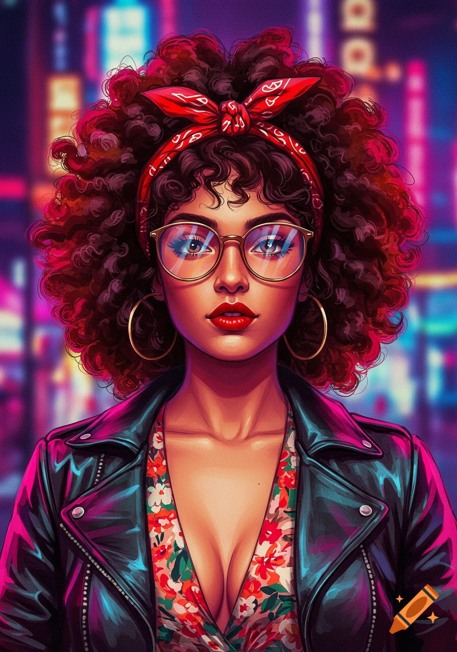Stylized illustration of a woman with curly hair, glasses, and a red bandana, wearing a leather jacket, against a neon city background.