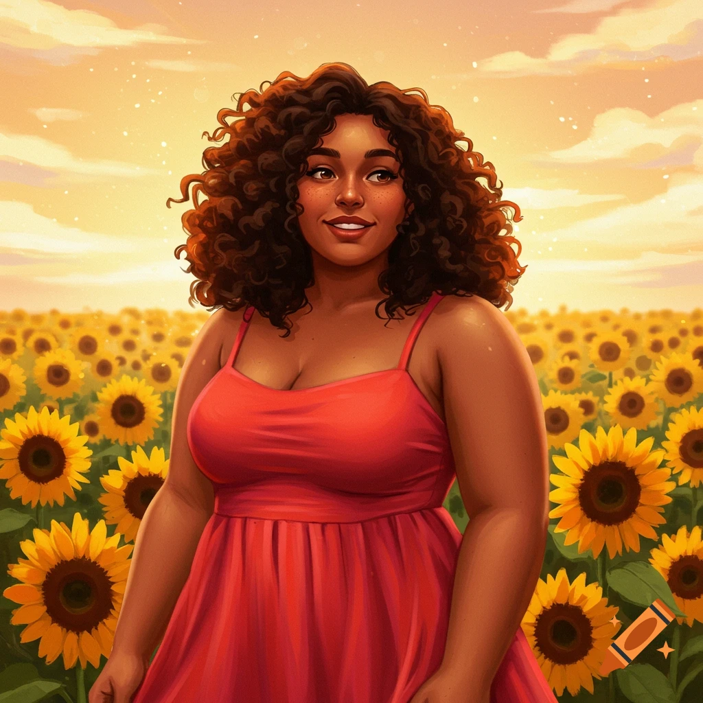 Digital painting of a smiling woman with curly hair in a red dress ...