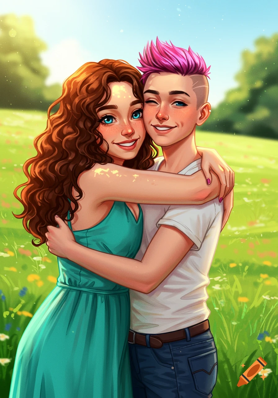 Two smiling young women, one with long curly brown hair and the other with short pink hair, hug in a sunny green field.