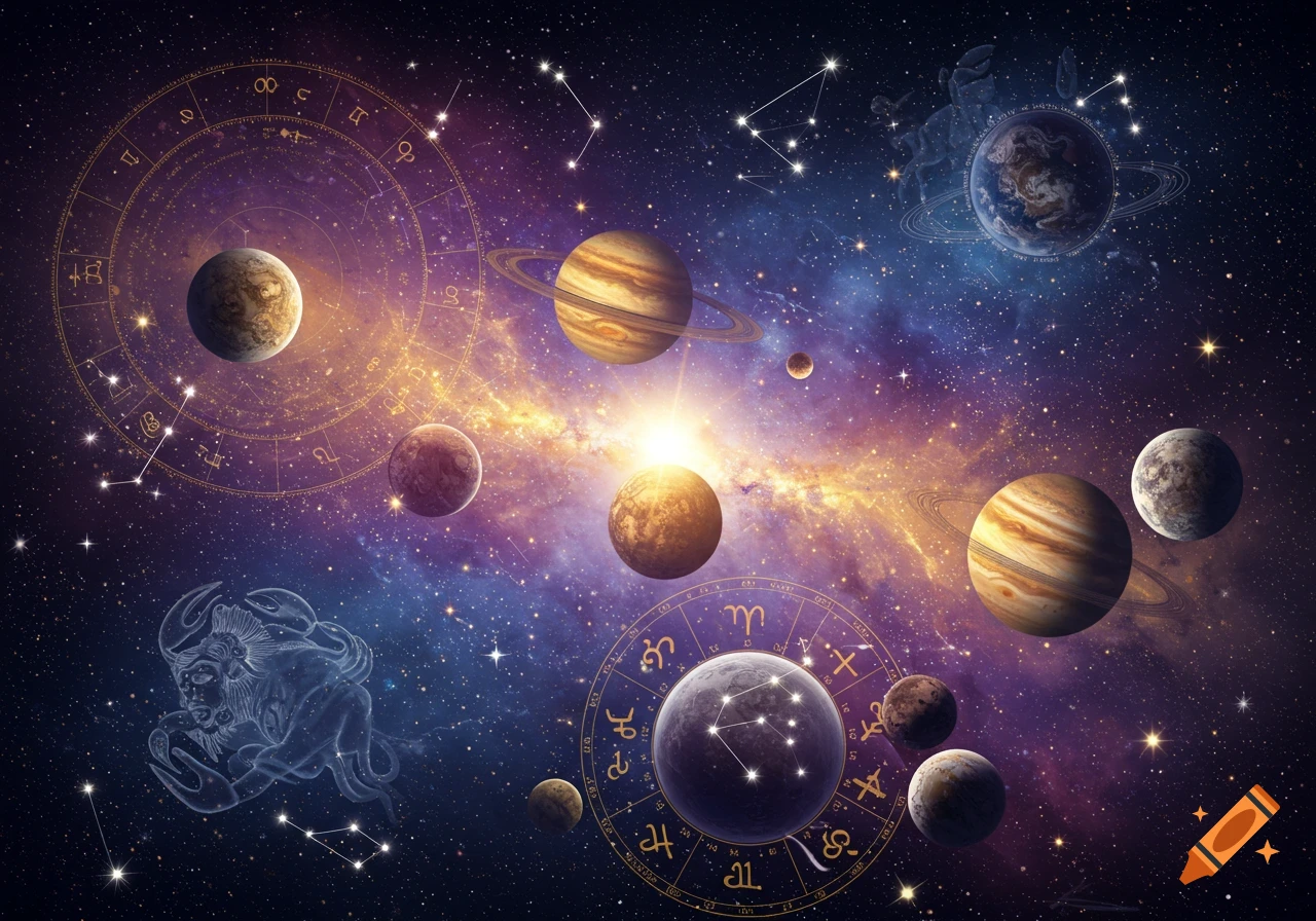 A vibrant cosmic scene with planets, stars, and golden astrological zodiac symbols against a purple and orange nebula.