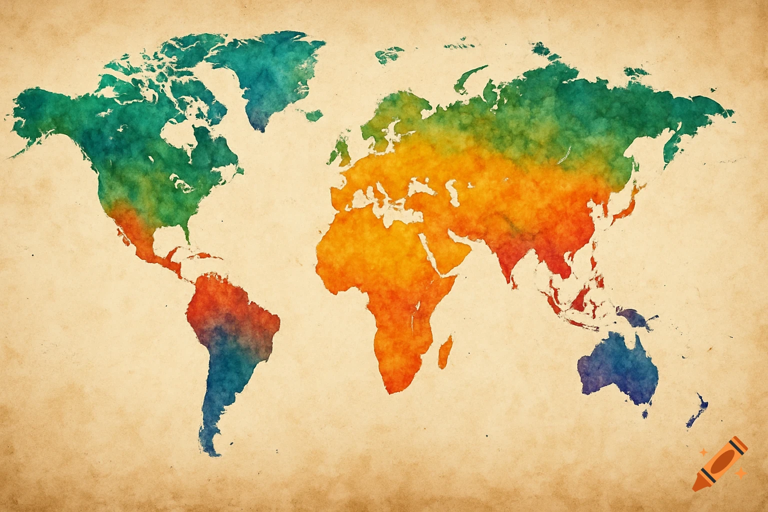 A colorful watercolor world map on aged paper, showing continents in a ...