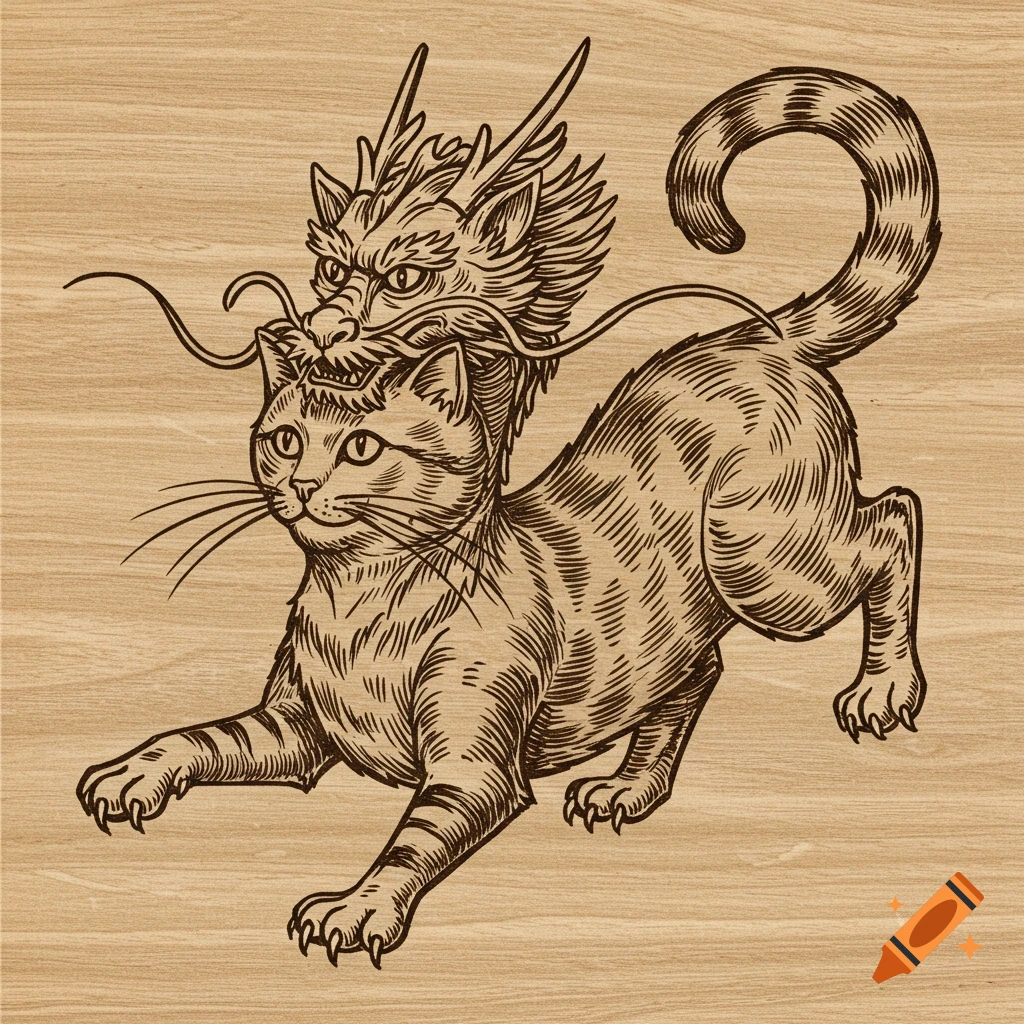 A wood engraving of a cat with a dragon head on its back, in a walking pose on a wooden texture background.