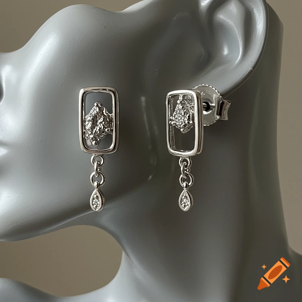 A pair of silver stud earrings with rectangular frames holding a rustic diamond, and a dangling teardrop diamond, displayed on a grey mannequin ear.