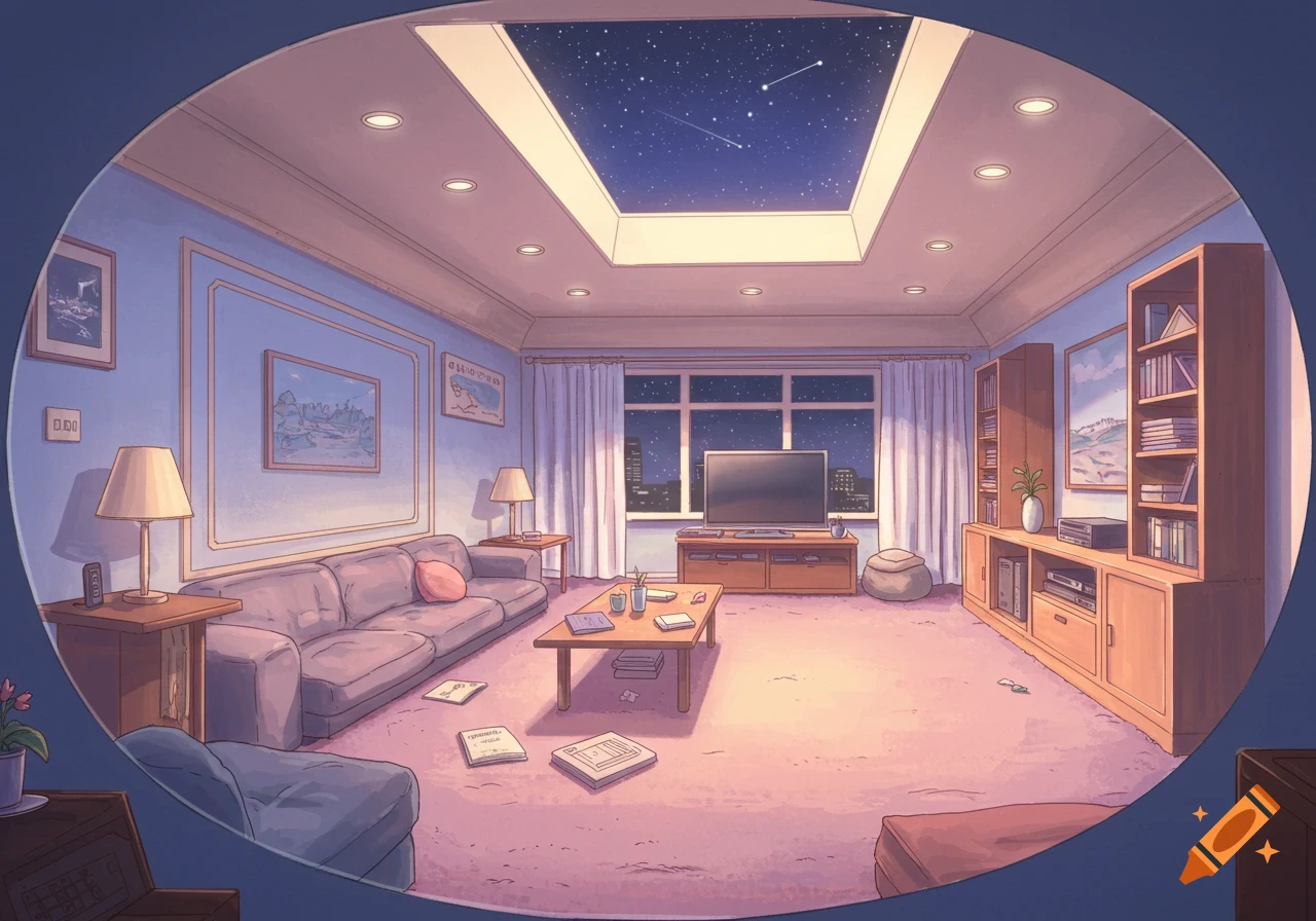 An oval-shaped living room with pastel pink carpet, baby blue walls, and a skylight showing the starry night sky. The room is cozy and lived-in, with a large sofa, coffee table with papers, TV, and bookshelves.
