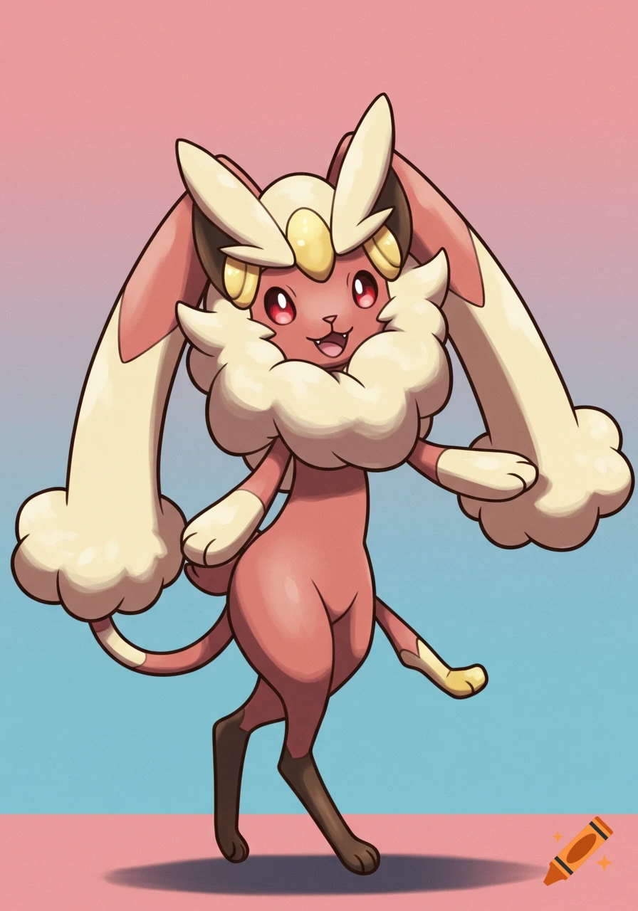 A cartoon character resembling a Lopunny and Meowscarada Pokémon hybrid, standing with a smiling face on a pink and blue gradient background.