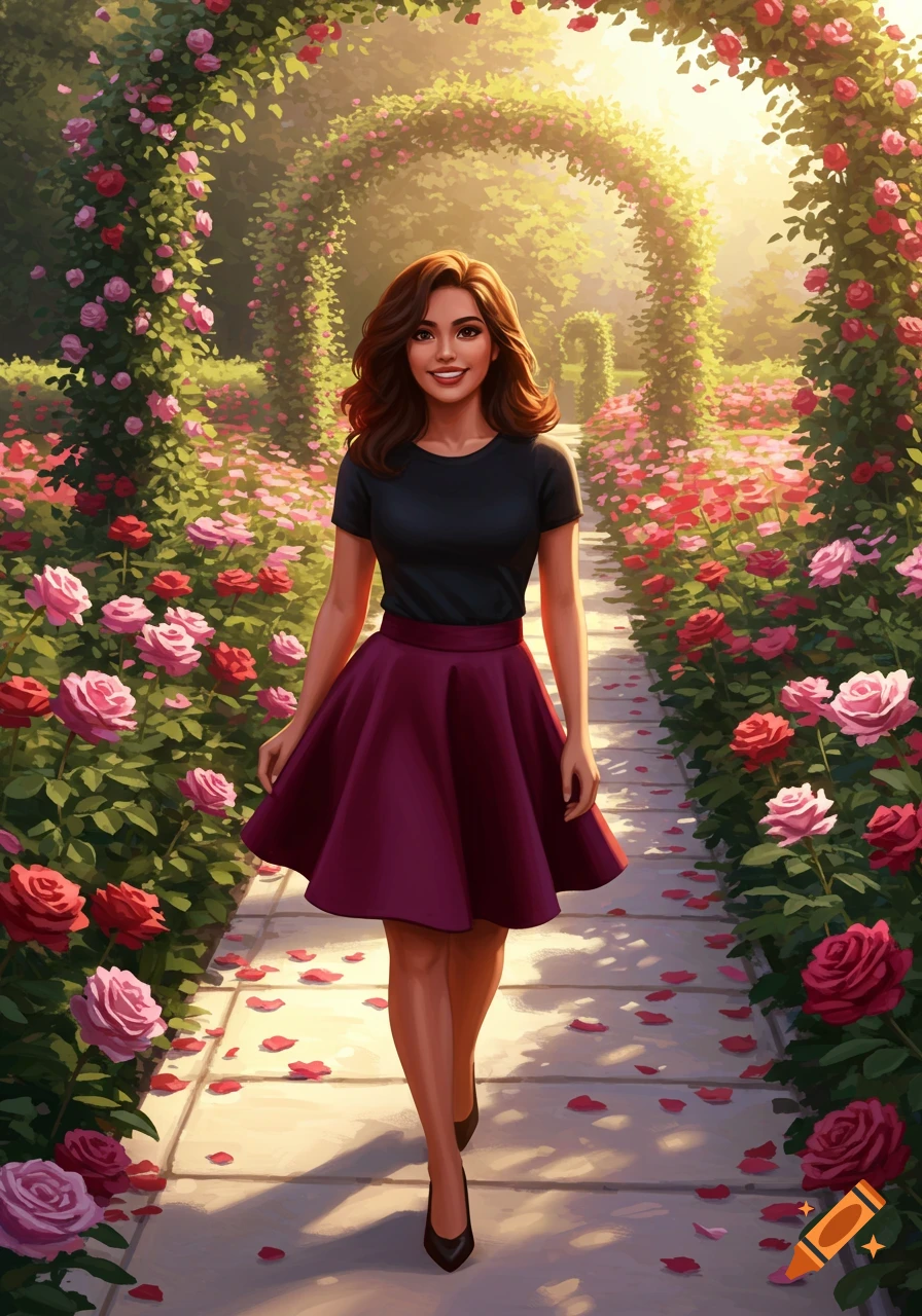 A brunette woman in a black t-shirt and burgundy skirt walks on a stone path through a rose garden with arches of roses and sunlight.
