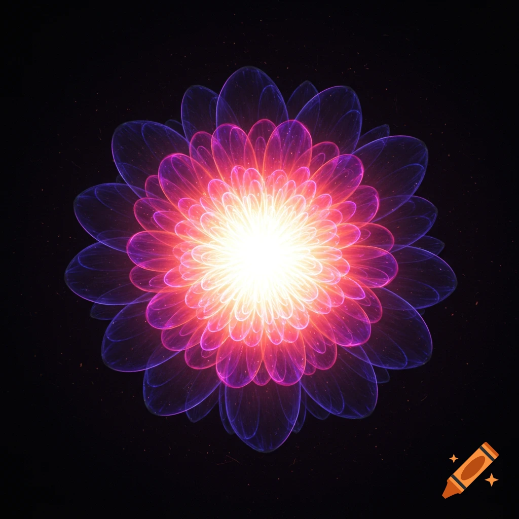 A vibrant, glowing abstract flower with pink, purple, and blue petals against a dark background.