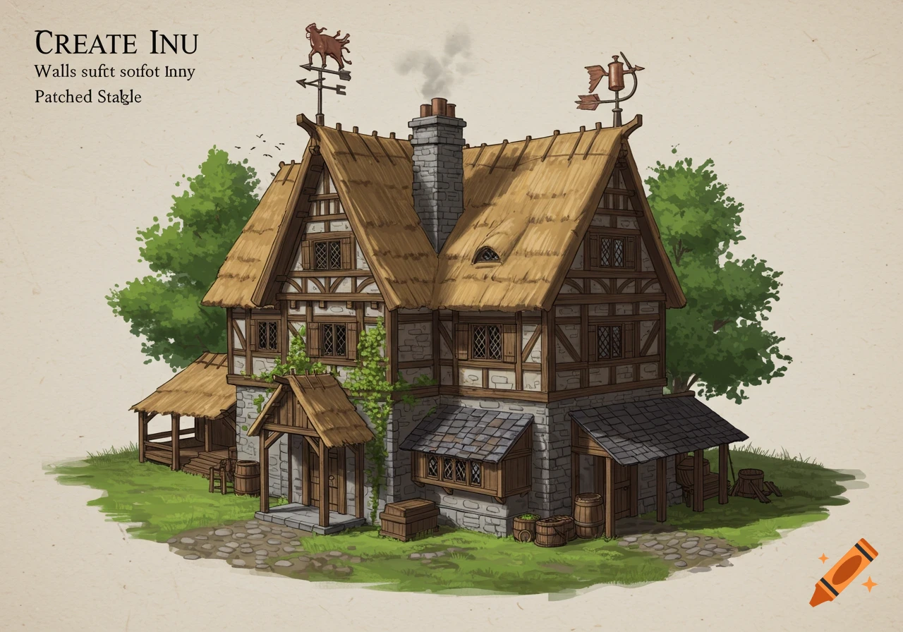 Detailed D&D style artwork of an old medieval inn with a thatched roof, timber frame, stone walls, and creeping ivy. There's an attached stable and two weather vanes on the roof.
