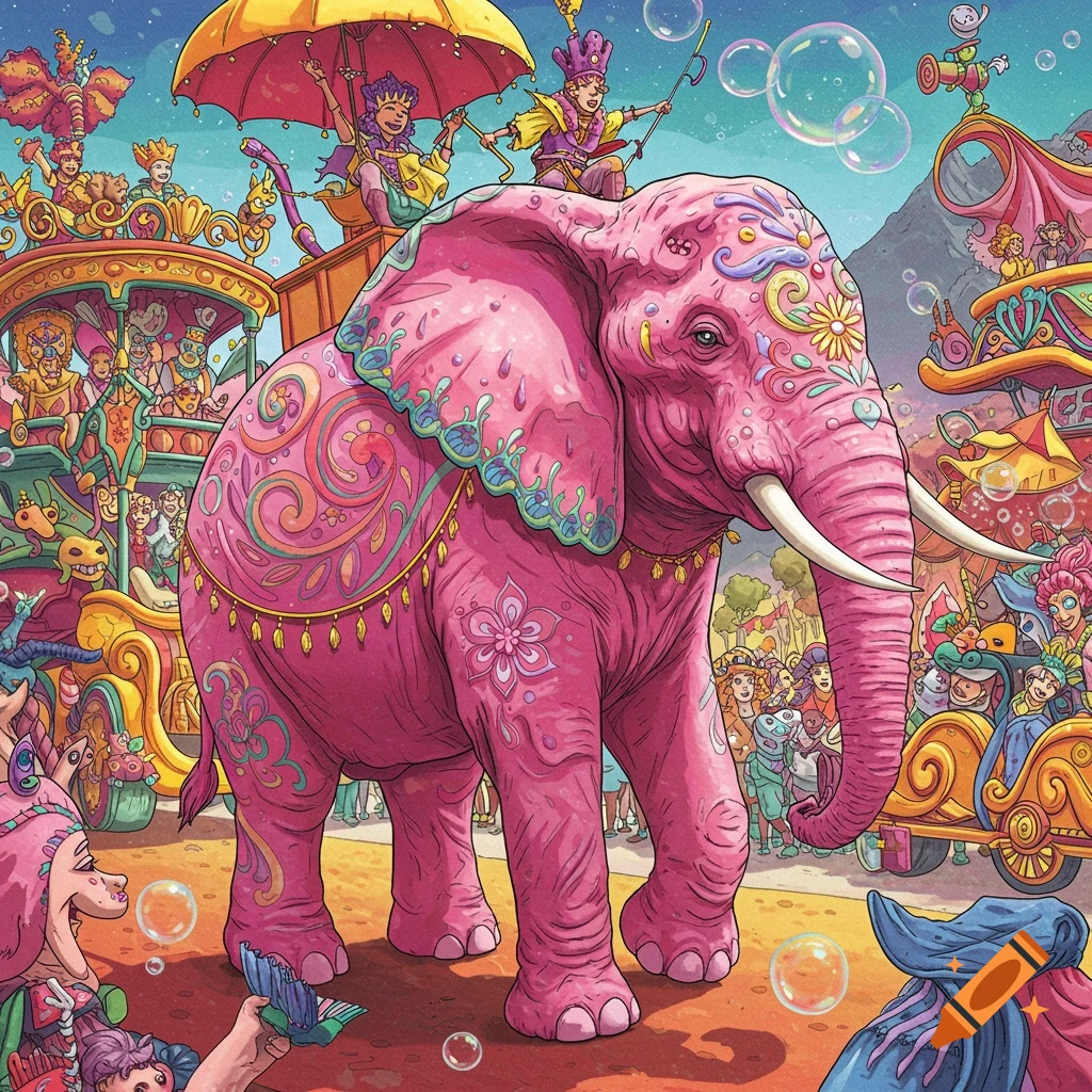 A vibrant, highly detailed illustration of a pink elephant adorned with colorful patterns leading a whimsical parade.
