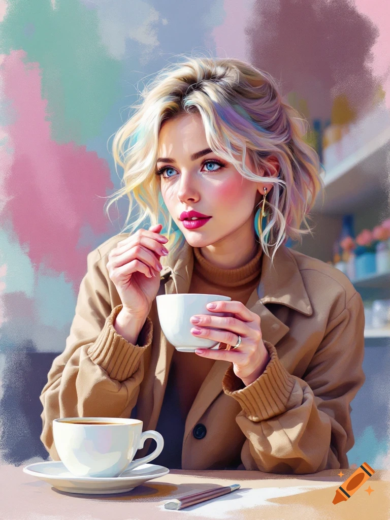 A woman with pastel-colored hair and bright blue eyes sips coffee in a cafe, depicted in a digital art style.