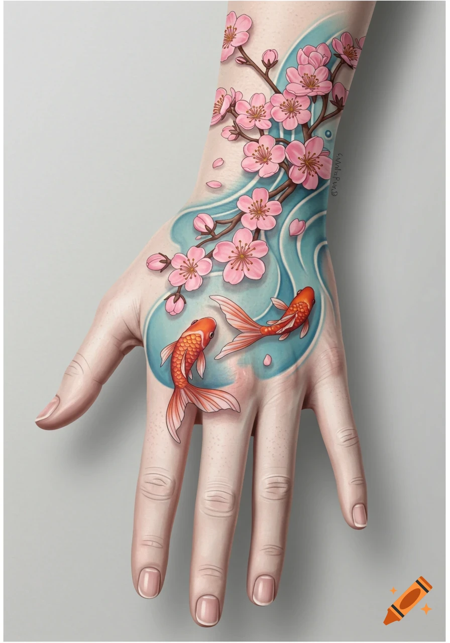 A detailed tattoo of pink cherry blossoms and two orange koi fish over blue waves on a hand.
