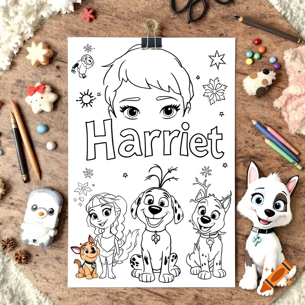 A coloring page featuring cartoon characters from Frozen, Moana, and Paw Patrol, with the name 'Harriet', on a wooden background.