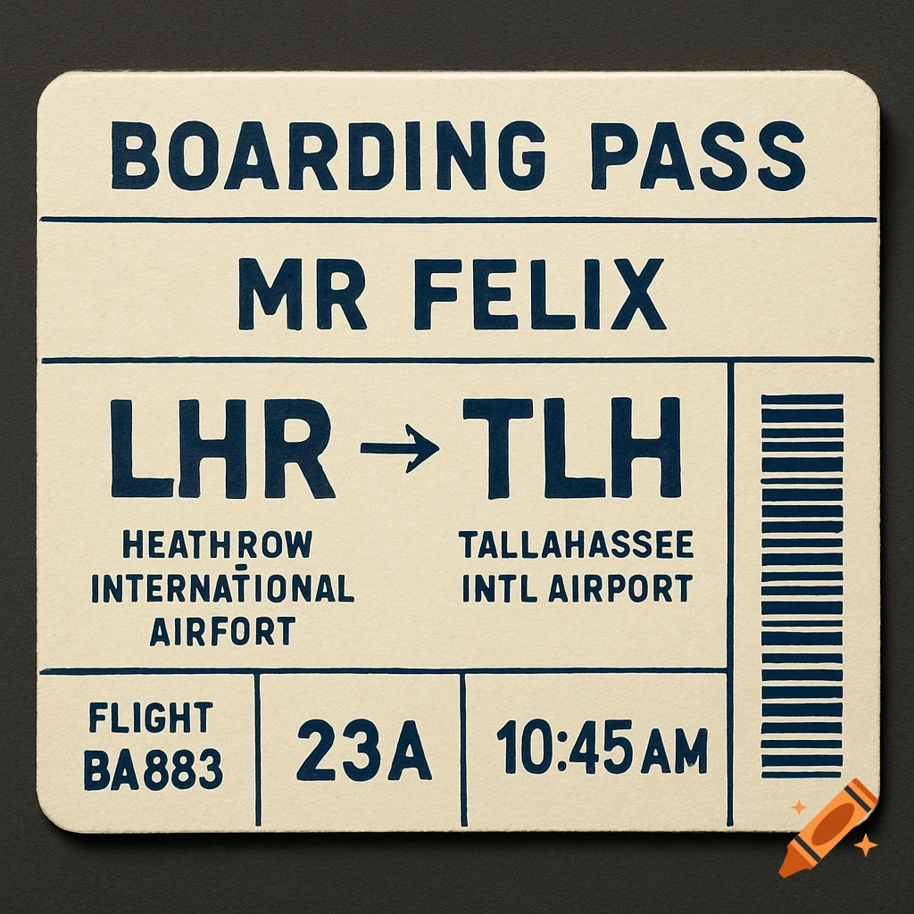A vintage-style boarding pass for Mr. Felix flying from London Heathrow to Tallahassee.